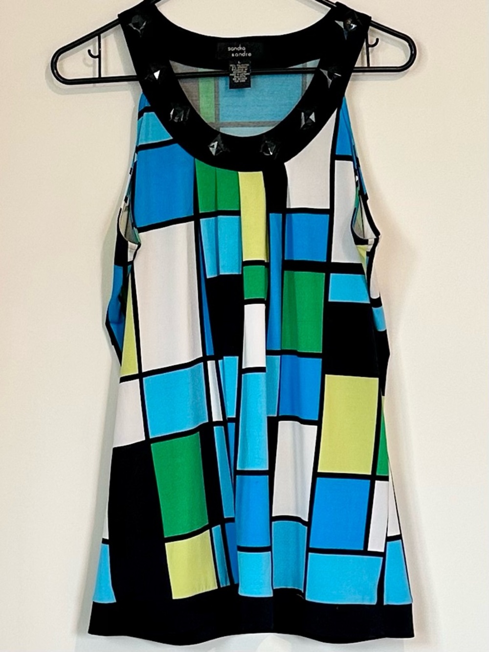 Sandra & Andre Blue & Green Geometric Sleeveless Tank with Black Bead Trim - L